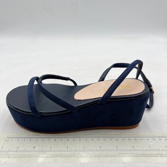 Pazzion Dark Blue Platform Strappy Open Toe Wedge Heel Sandal Strap Buckle Shoes - Picture 2 of 8